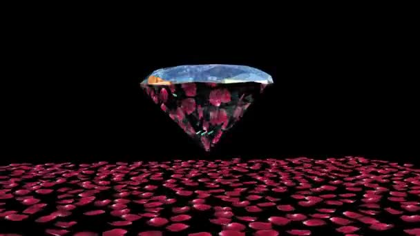 Diamond attracting rose petals, camera rotating, against black — Stock Video