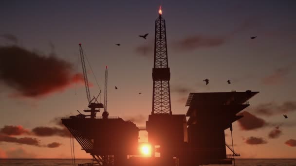 Plate-forme pétrolière dans l'océan sur le coucher de soleil — Video