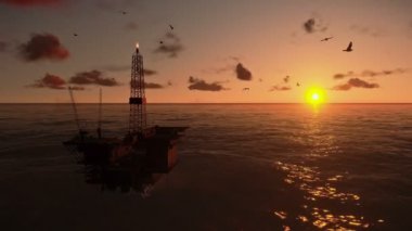 Okyanusu günbatımı üzerinde petrol sondaj platformu