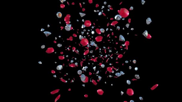 Rose petals and Diamonds Flying against black — Stok Video