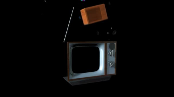 Tv vieja transformando en un nuevo televisor contra cámara negra, estática — Vídeo de stock