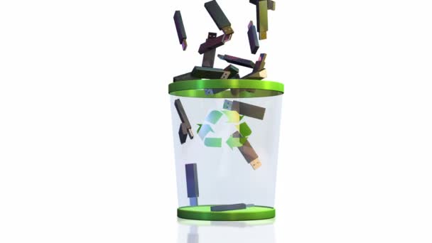 Recyklingu, usb w koszu na śmieci przed biały — Wideo stockowe