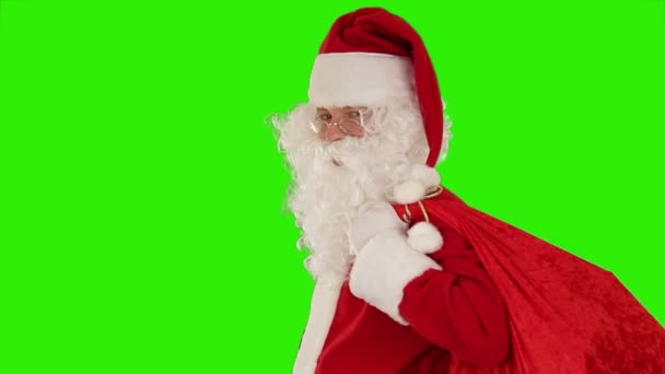 Santa claus prowadzenia jego worek, to patrząc na kamery, wysyła pocałunek — Wideo stockowe
