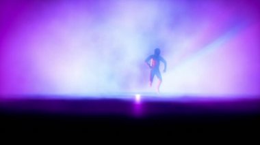 Breakdancer in driving suit dancing on a stage against colorful spotlights, slow motion
