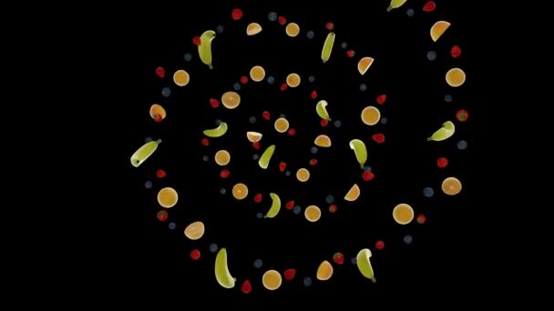 Früchte Fliegen Helixform Obersicht Nahtlose Schlaufe Alpha Kanal — Stockvideo