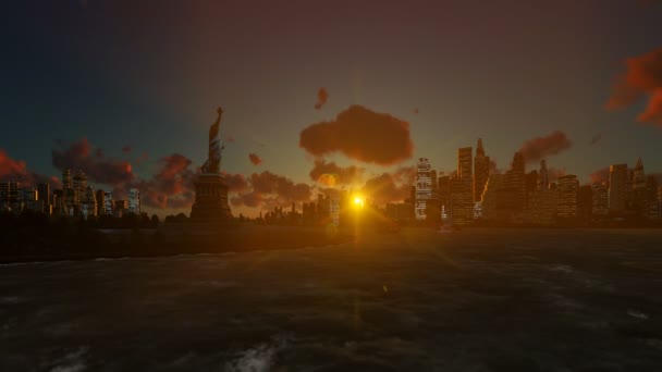 Estatua Libertad Barcos Navegando Manhattan Nueva York Contra Hermoso Atardecer — Vídeo de stock