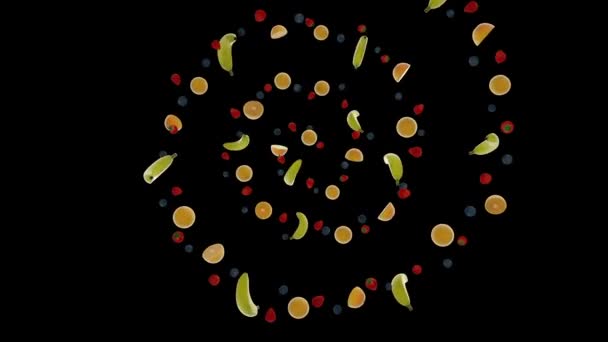 Meyveler Sarmal Şeklinde Uçuyor Üst Görünüm Dikişsiz Döngü Siyahlara Karşı — Stok video