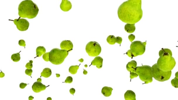 Gröna Päron Flyger Slow Motion Mot Vitt — Stockvideo