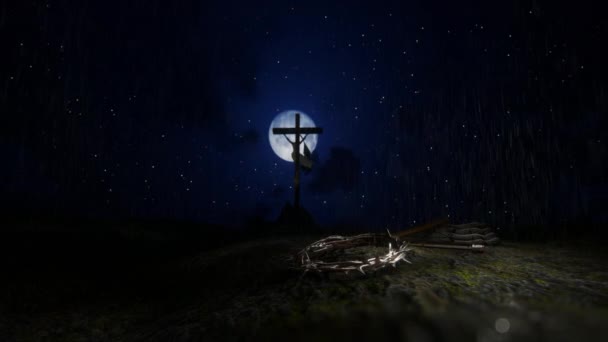 耶稣基督的十字架 头戴荆棘冠冕 有钉子 有绳索 能挡雨 有满月 有星空 — 图库视频影像