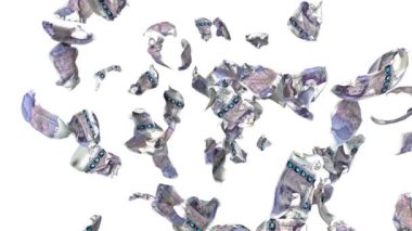 UK Pounds para birimi yavaş çekimde uçuyor, üst görünüm, beyaza karşı