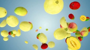 Mango ve Kavun, mavi gradyana karşı yavaş çekimde uçuyorlar.