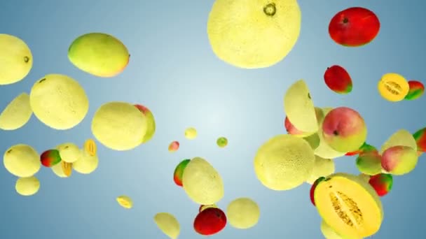 Mango Melón Volando Cámara Lenta Contra Gradiente Azul — Vídeo de stock