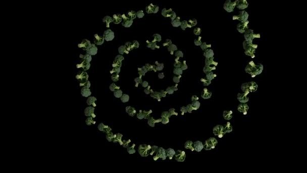 Брокколи Летит Спиральной Форме Вид Сверху Бесшовная Петля Лума Матте — стоковое видео