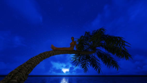 年轻美丽的女人 坐在水面上的棕榈树上 在满月的星空下 — 图库视频影像