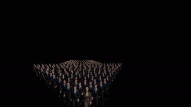 Businessmen with a businesswoman in front forming arrow shape pointing right, 4K, against black