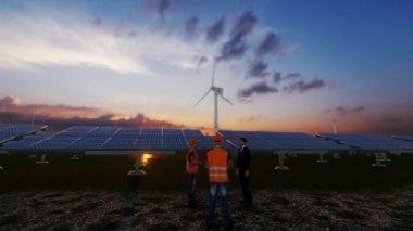 Green energy solar panels and wind turbines against lake and city skyline at sunrise, tilt from mantenance workers and supervisor, 4K