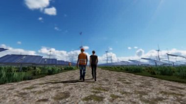 Green energy solar panels and wind turbines, maintenance workers and supervisor, 4K