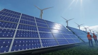 Green energy solar panels and wind turbines, maintenance workers, panning 4K