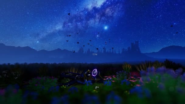 Alien Sitting Flower Meadow Butterflies Milky Way — Stock video