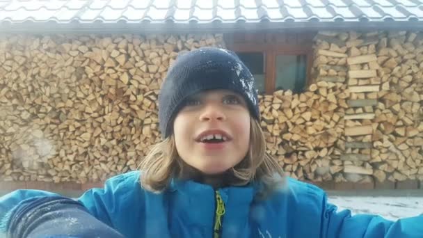 Little Boy Having Fun Winter Pile Chopped Wood — Stock videók