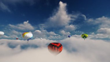 Hot air balloons rising over fluffy clouds against blue sky, 4K