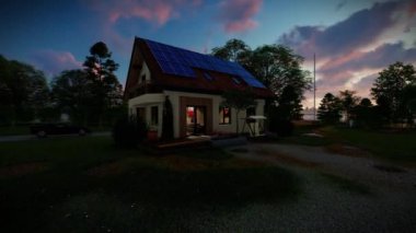 Green house with solar panels against beautiful timelapse sunrise, tilt 4K