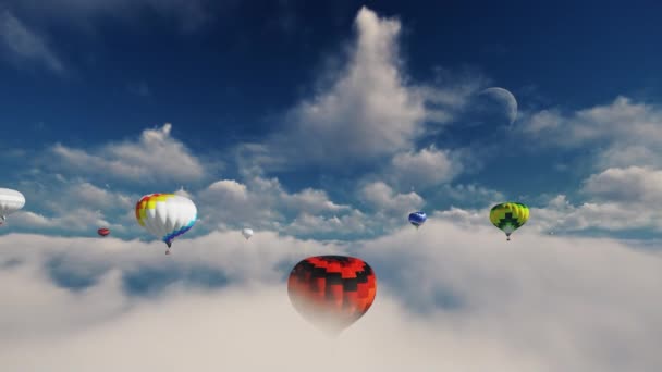 Hot Air Balloons Rising Fluffy Clouds Blue Sky — Video Stock