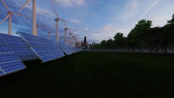 Green City Wind Turbines Solar Panels Sunset — Stock video