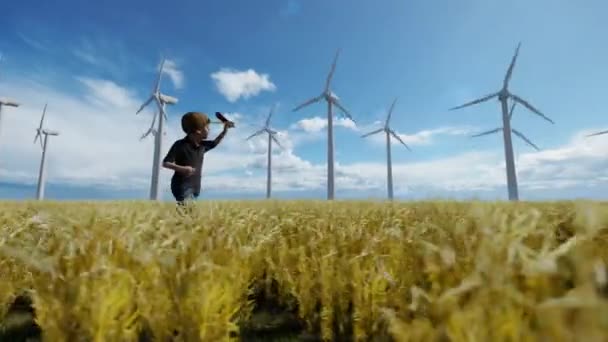 Little Boy Running Wheat Field Wind Turbines Background — Stok video