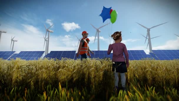 Little Girl Holding Balloons Solar Panels Farm Wind Turbines Maintenance — Stok video