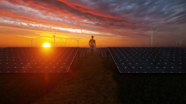 Maintenance Worker Solar Panels Farm Wind Turbines Distance Sunrise — Video