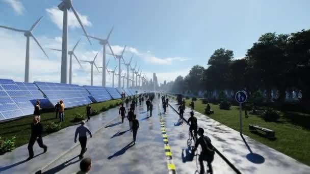 People Walking Green City Electrified Wind Turbines Solar Panels — Video