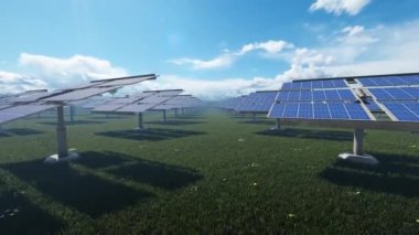 Solar Panels Farm and Hot Air Balloons rising in the distance, 4K