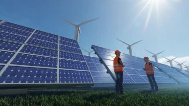 Green energy solar panels and wind turbines, maintenance workers, tilt 4K