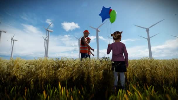 Little Girl Holding Balloons Onshore Wind Turbine Farm Maintenance Workers — Vídeo de Stock