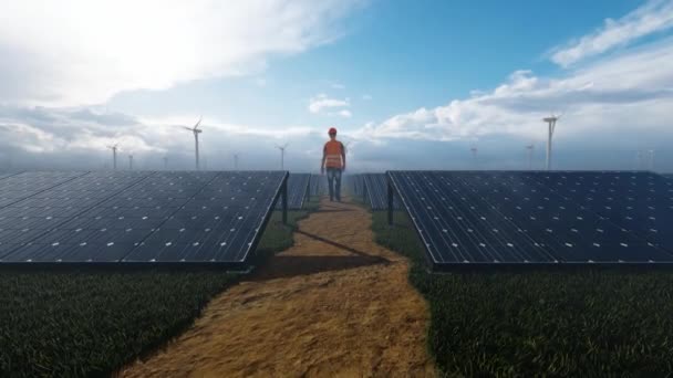 Maintenance Worker Solar Panels Farm Wind Turbines Distance — Stockvideo