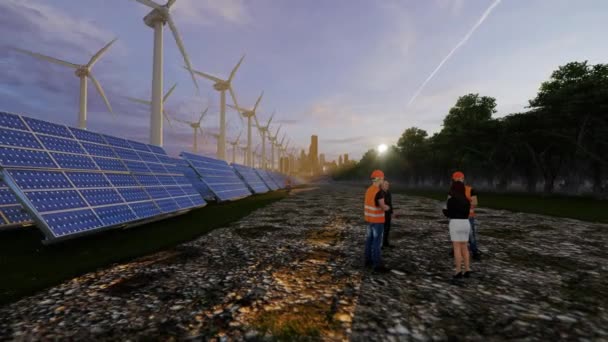 Green City Wind Turbines Solar Panels Sunset Maintenance Workers Investors — Vídeo de Stock