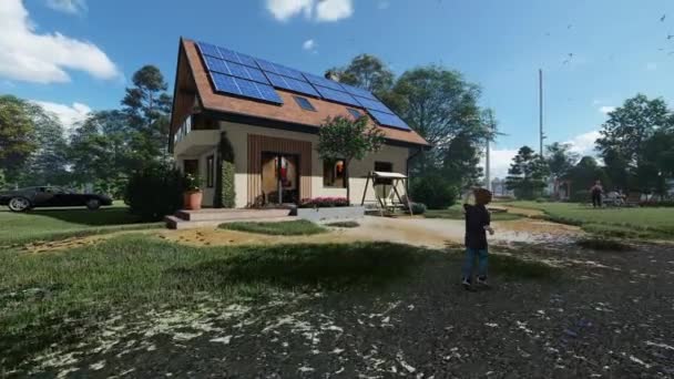 Family Green House Solar Panels Wind Turbine Lake Forest — Vídeo de stock