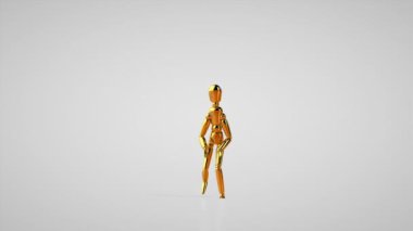 Funny golden mannequin doing the robot dance, seamless loop, white studio