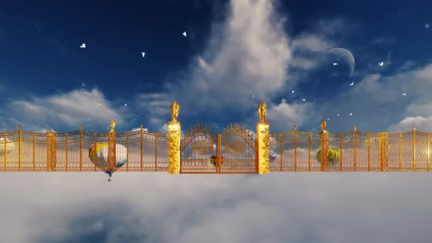 Hot Air Balloons Rising Clouds Gates Heaven Opening White Doves — Stock video