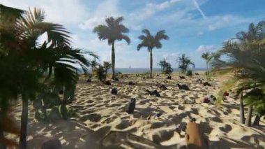Drone view of casual people with heads in the sand, unwilling to recognize a problem, 4K