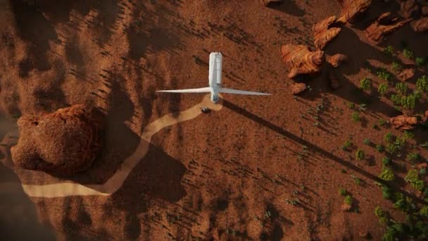 Drone Top View Maintenance Workers Top Desert Wind Turbine — Vídeo de Stock