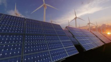 Gündoğumunda yeşil enerji güneş panelleri ve rüzgar türbinleri, pürüzsüz döngü 4K