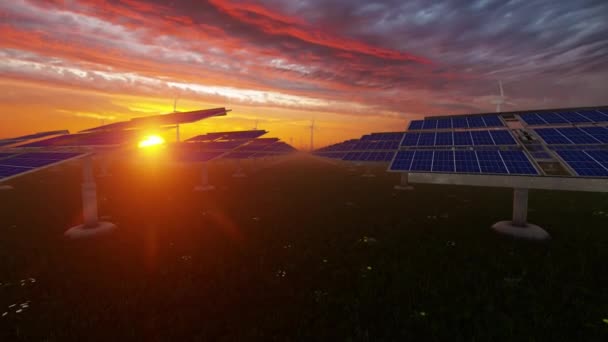 Pannelli Solari Farm Con Turbine Eoliche Lontananza Contro Bella Alba — Video Stock