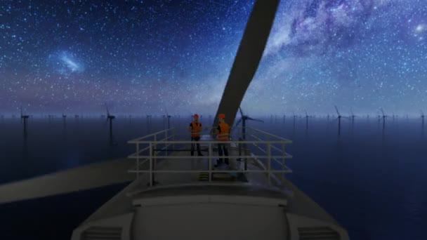 Operatori Manutenzione Sopra Una Turbina Eolica Offshore Contro Cielo Stellato — Video Stock