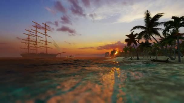 Завоювання Раю Старого Корабля Корабля Прибуває Тропічний Острів Заході Сонця — стокове відео