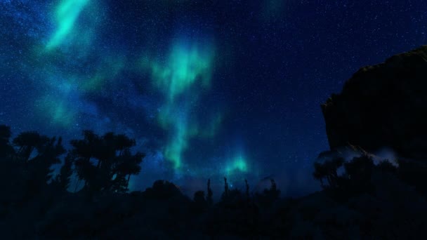 Aurora Borealis Und Zeitraffer Wolken Über Berggipfeln Und Baumsilhouetten — Stockvideo