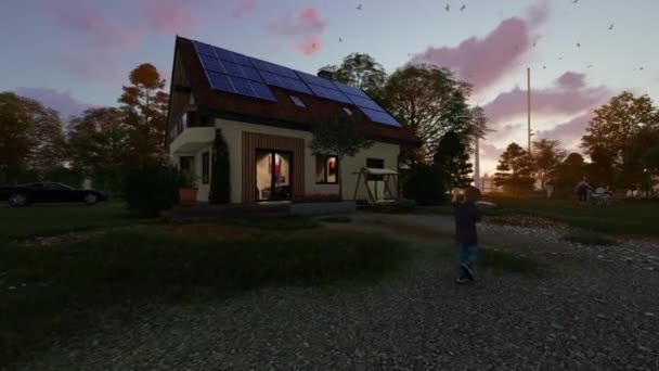 有太阳能电池板和风力涡轮机挡住美丽落日的绿色房子周围的家庭 — 图库视频影像