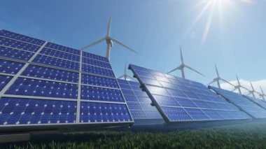 Yeşil enerji güneş panelleri ve rüzgar türbinleri, eğik 4K