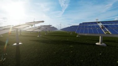Uzakta rüzgar türbinleri ve yükselen sıcak hava balonları olan Güneş Panelleri Çiftliği, 4K